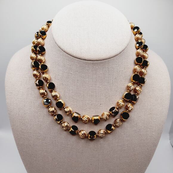 Vintage Two Strand Gold Plated & Black Bead Necklace 16” including Extender - Picture 2 of 13